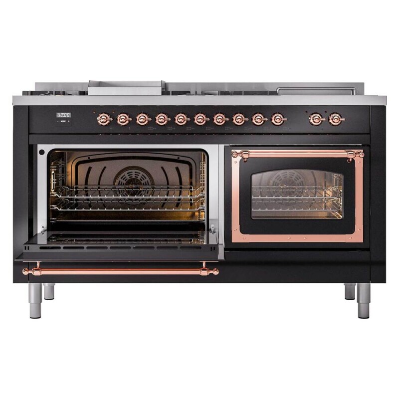 Nostalgie II Noblesse 60″ Dual Fuel Range      (7 Sealed Burners + Griddle + French Top, Natural Gas, Triple Glass Door, Glossy Black, Copper) UN60FSNMPBKP