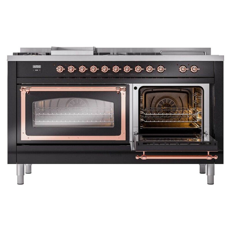 Nostalgie II Noblesse 60″ Dual Fuel Range      (7 Sealed Burners + Griddle + French Top, Natural Gas, Triple Glass Door, Glossy Black, Copper) UN60FSNMPBKP