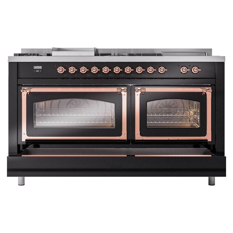 Nostalgie II Noblesse 60″ Dual Fuel Range      (7 Sealed Burners + Griddle + French Top, Natural Gas, Triple Glass Door, Glossy Black, Copper) UN60FSNMPBKP