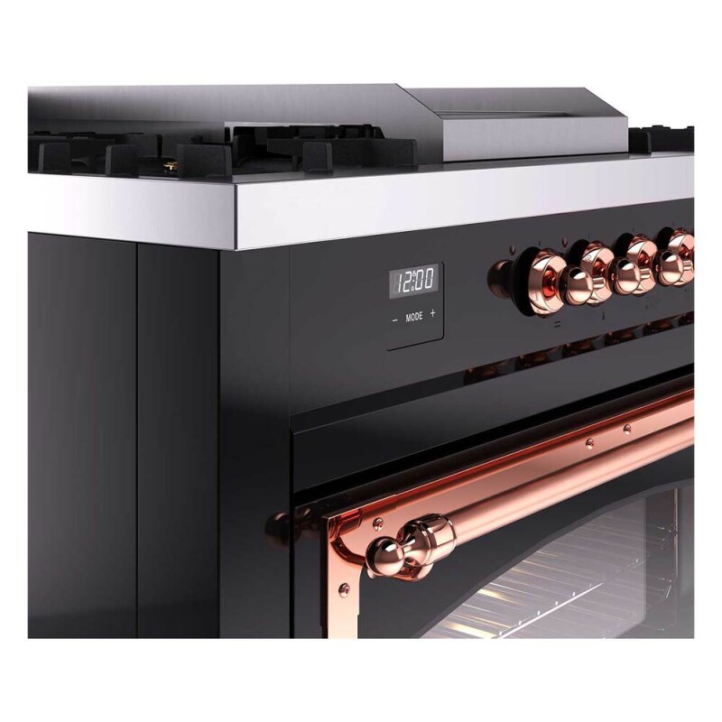 Nostalgie II Noblesse 60″ Dual Fuel Range      (7 Sealed Burners + Griddle + French Top, Natural Gas, Triple Glass Door, Glossy Black, Copper) UN60FSNMPBKP