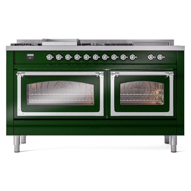 Nostalgie II Noblesse 60″ Dual Fuel Range (7 Sealed Burners + Griddle + French Top, Natural Gas, Triple Glass Door, Emerald Green, Chrome) UN60FSNMPEGC
