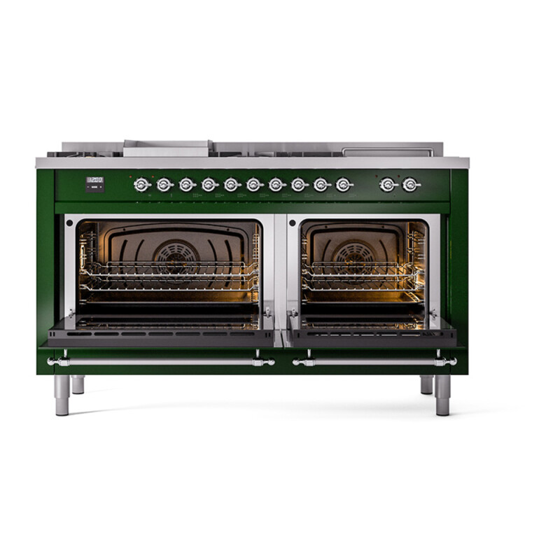 Nostalgie II Noblesse 60″ Dual Fuel Range (7 Sealed Burners + Griddle + French Top, Natural Gas, Triple Glass Door, Emerald Green, Chrome) UN60FSNMPEGC