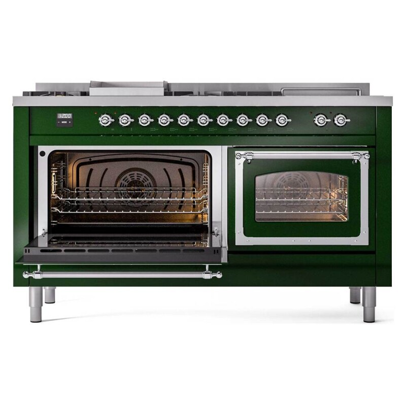Nostalgie II Noblesse 60″ Dual Fuel Range (7 Sealed Burners + Griddle + French Top, Natural Gas, Triple Glass Door, Emerald Green, Chrome) UN60FSNMPEGC