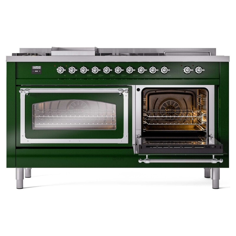 Nostalgie II Noblesse 60″ Dual Fuel Range (7 Sealed Burners + Griddle + French Top, Natural Gas, Triple Glass Door, Emerald Green, Chrome) UN60FSNMPEGC
