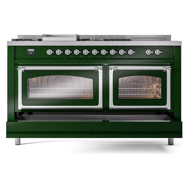 Nostalgie II Noblesse 60″ Dual Fuel Range (7 Sealed Burners + Griddle + French Top, Natural Gas, Triple Glass Door, Emerald Green, Chrome) UN60FSNMPEGC