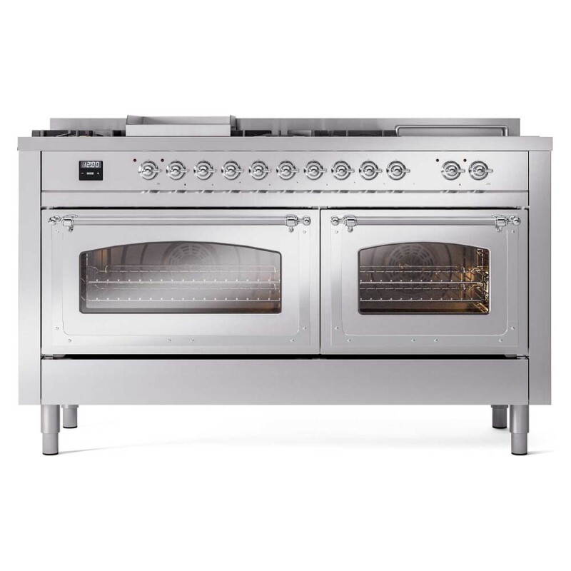 Nostalgie II Noblesse 60″ Dual Fuel Range      (7 Sealed Burners + Griddle + French Top, Natural Gas, Triple Glass Door, Stainless Steel, Chrome) UN60FSNMPSSC