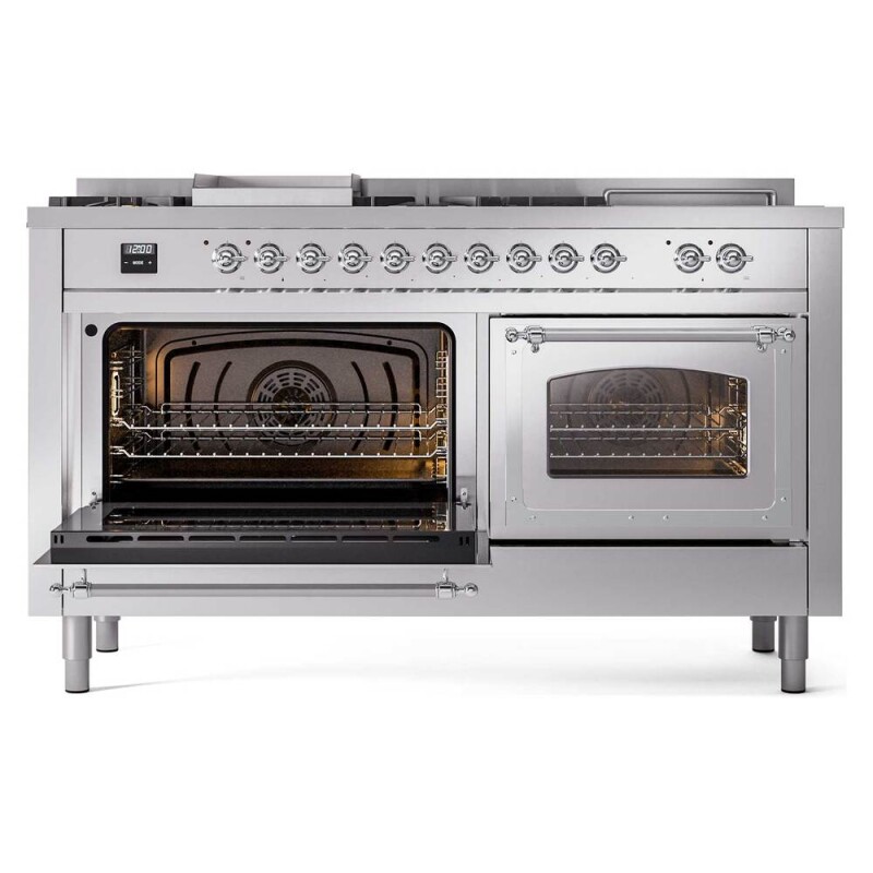 Nostalgie II Noblesse 60″ Dual Fuel Range      (7 Sealed Burners + Griddle + French Top, Natural Gas, Triple Glass Door, Stainless Steel, Chrome) UN60FSNMPSSC