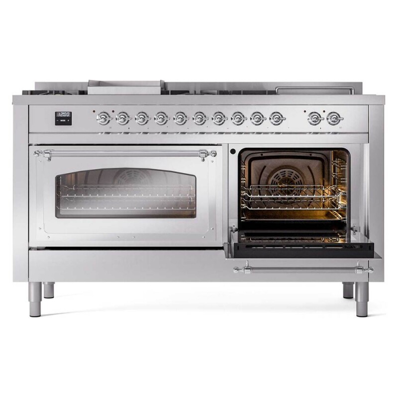 Nostalgie II Noblesse 60″ Dual Fuel Range      (7 Sealed Burners + Griddle + French Top, Natural Gas, Triple Glass Door, Stainless Steel, Chrome) UN60FSNMPSSC