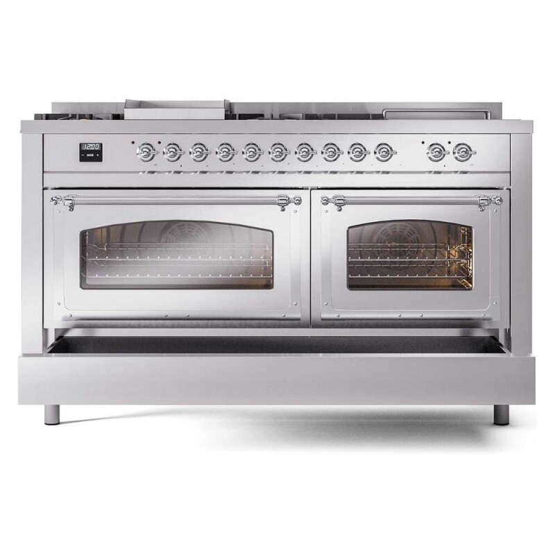 Nostalgie II Noblesse 60″ Dual Fuel Range      (7 Sealed Burners + Griddle + French Top, Natural Gas, Triple Glass Door, Stainless Steel, Chrome) UN60FSNMPSSC