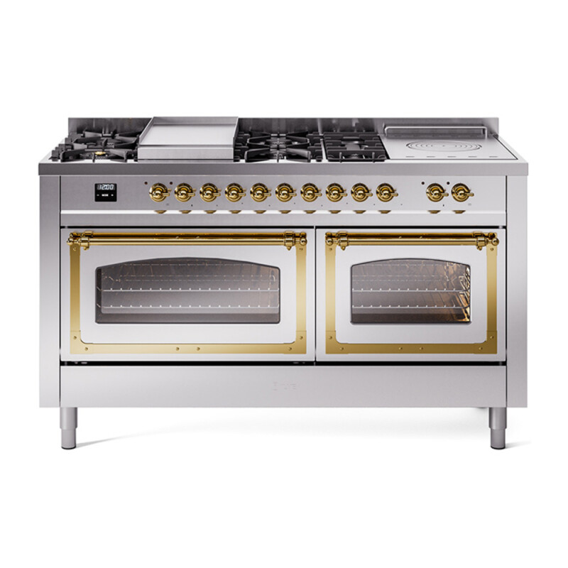 Nostalgie II Noblesse 60″ Dual Fuel Range      (7 Sealed Burners + Griddle + French Top, Natural Gas, Triple Glass Door, Stainless Steel, Brass) UN60FSNMPSSG