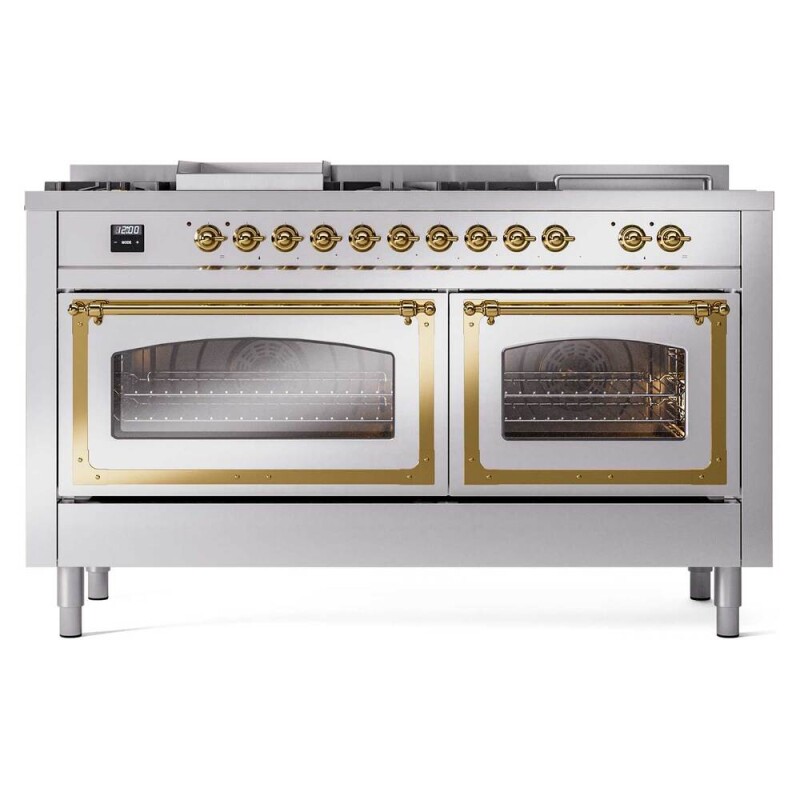 Nostalgie II Noblesse 60″ Dual Fuel Range      (7 Sealed Burners + Griddle + French Top, Natural Gas, Triple Glass Door, Stainless Steel, Brass) UN60FSNMPSSG