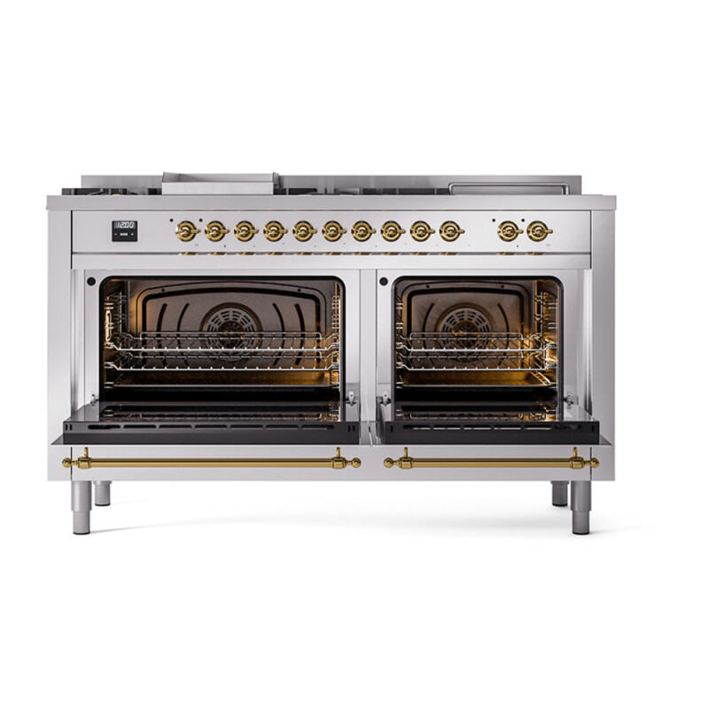 Nostalgie II Noblesse 60″ Dual Fuel Range      (7 Sealed Burners + Griddle + French Top, Natural Gas, Triple Glass Door, Stainless Steel, Brass) UN60FSNMPSSG