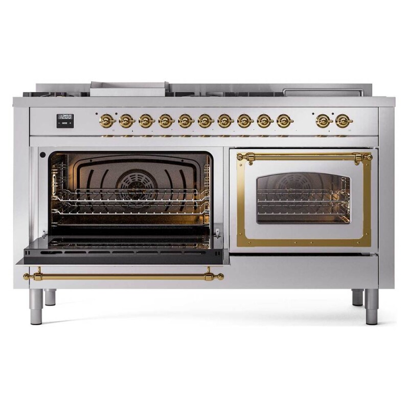 Nostalgie II Noblesse 60″ Dual Fuel Range      (7 Sealed Burners + Griddle + French Top, Natural Gas, Triple Glass Door, Stainless Steel, Brass) UN60FSNMPSSG