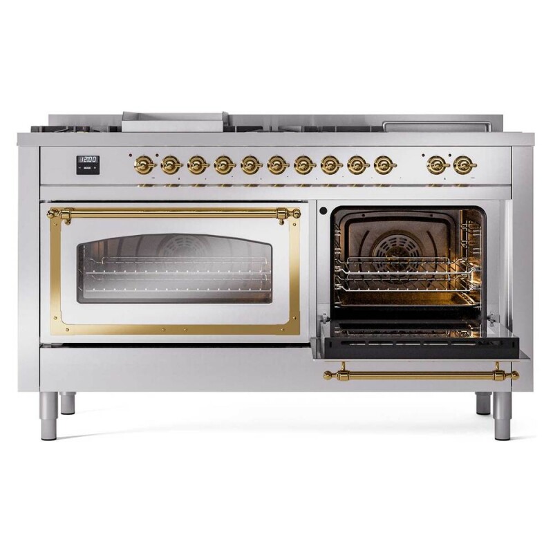 Nostalgie II Noblesse 60″ Dual Fuel Range      (7 Sealed Burners + Griddle + French Top, Natural Gas, Triple Glass Door, Stainless Steel, Brass) UN60FSNMPSSG