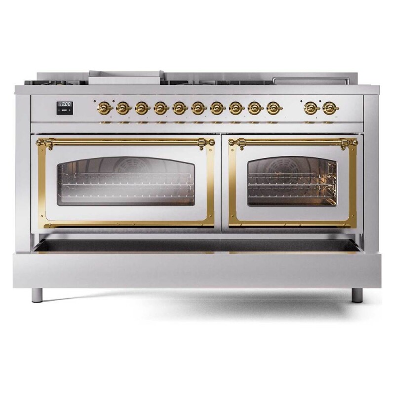 Nostalgie II Noblesse 60″ Dual Fuel Range      (7 Sealed Burners + Griddle + French Top, Natural Gas, Triple Glass Door, Stainless Steel, Brass) UN60FSNMPSSG