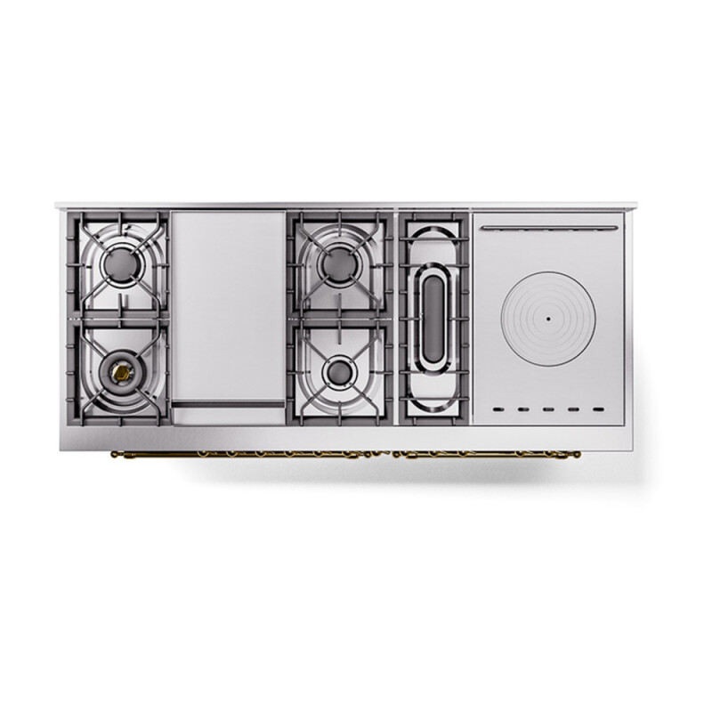 Nostalgie II Noblesse 60″ Dual Fuel Range      (7 Sealed Burners + Griddle + French Top, Natural Gas, Triple Glass Door, Stainless Steel, Brass) UN60FSNMPSSG