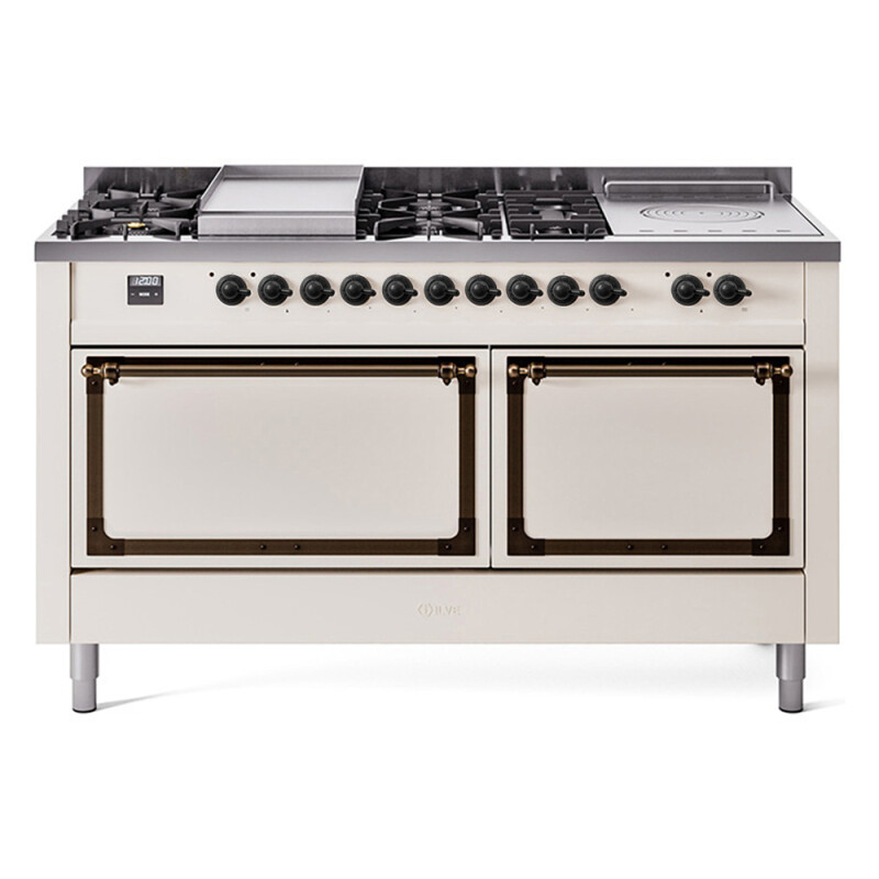 Nostalgie II Noblesse 60″ Dual Fuel Range      (7 Sealed Burners + Griddle + French Top, Natural Gas, Solid Door, Antique White, Burnished) UN60FSQNMPAWB
