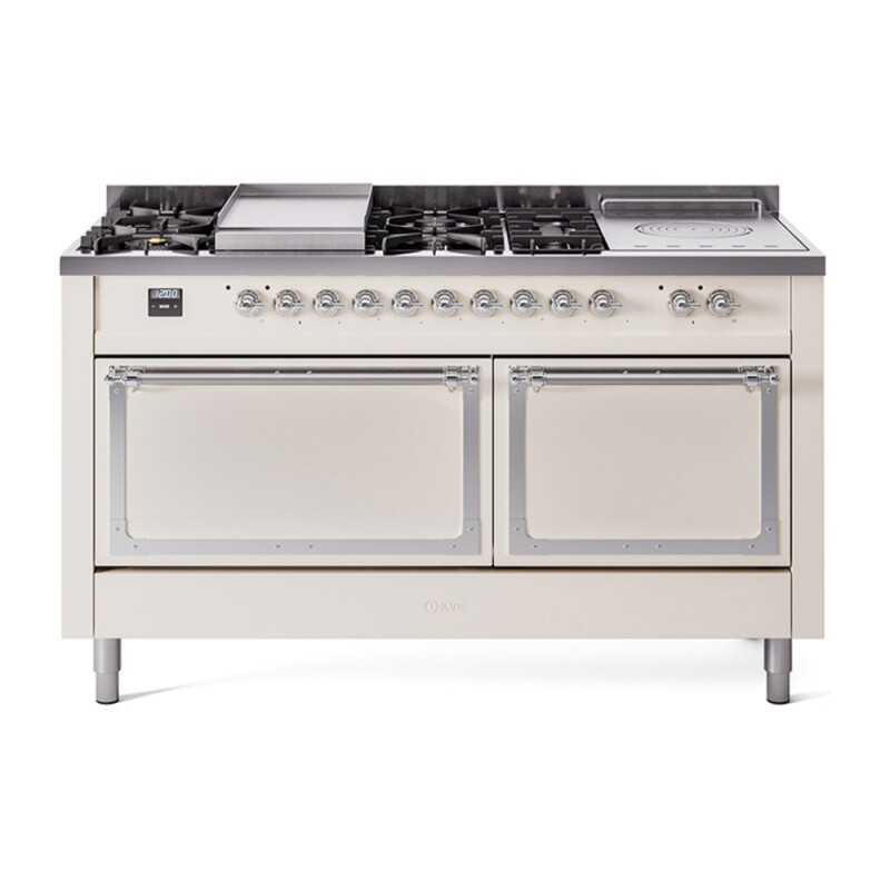 Nostalgie II Noblesse 60″ Dual Fuel Range      (7 Sealed Burners + Griddle + French Top, Natural Gas, Solid Door, Antique White, Chrome) UN60FSQNMPAWC