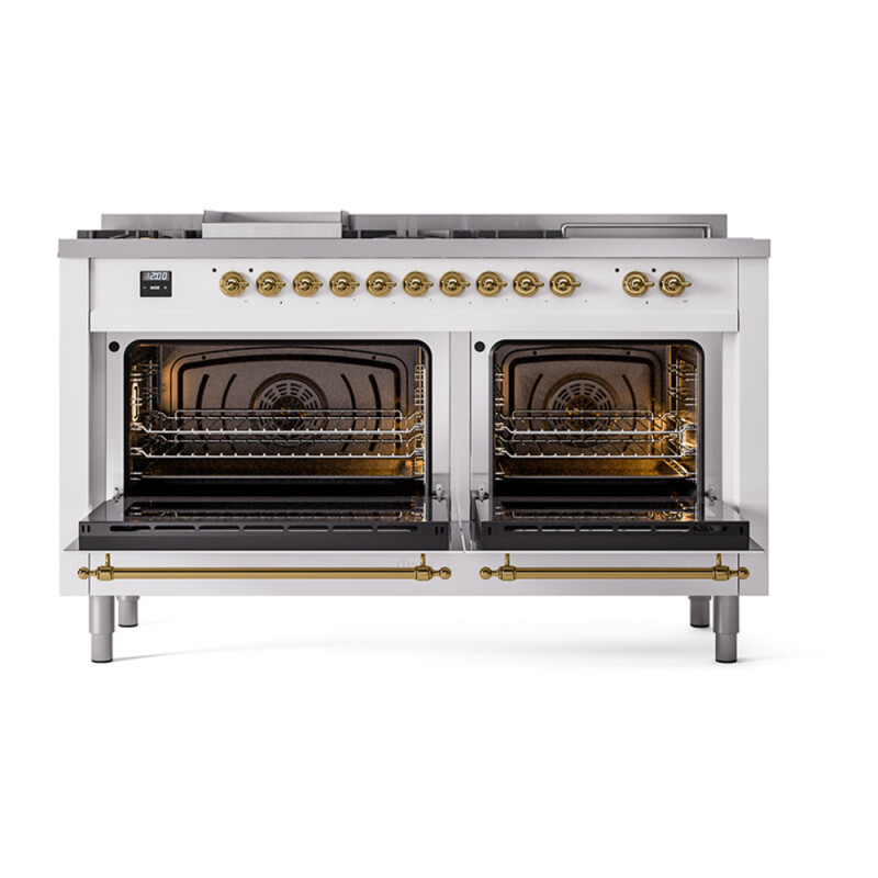 Nostalgie II Noblesse 60″ Dual Fuel Range      (7 Sealed Burners + Griddle + French Top, Natural Gas, Solid Door, RAL, Brass) UN60FSQNMPRAG