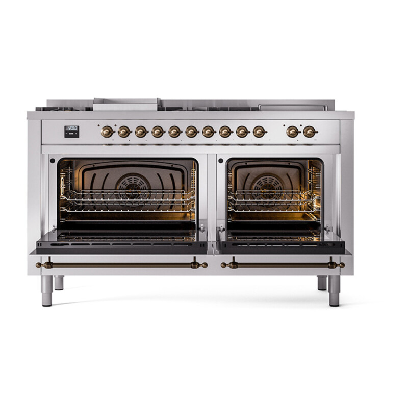 Nostalgie II Noblesse 60″ Dual Fuel Range      (7 Sealed Burners + Griddle + French Top, Natural Gas, Solid Door, Stainless Steel, Burnished) UN60FSQNMPSSB