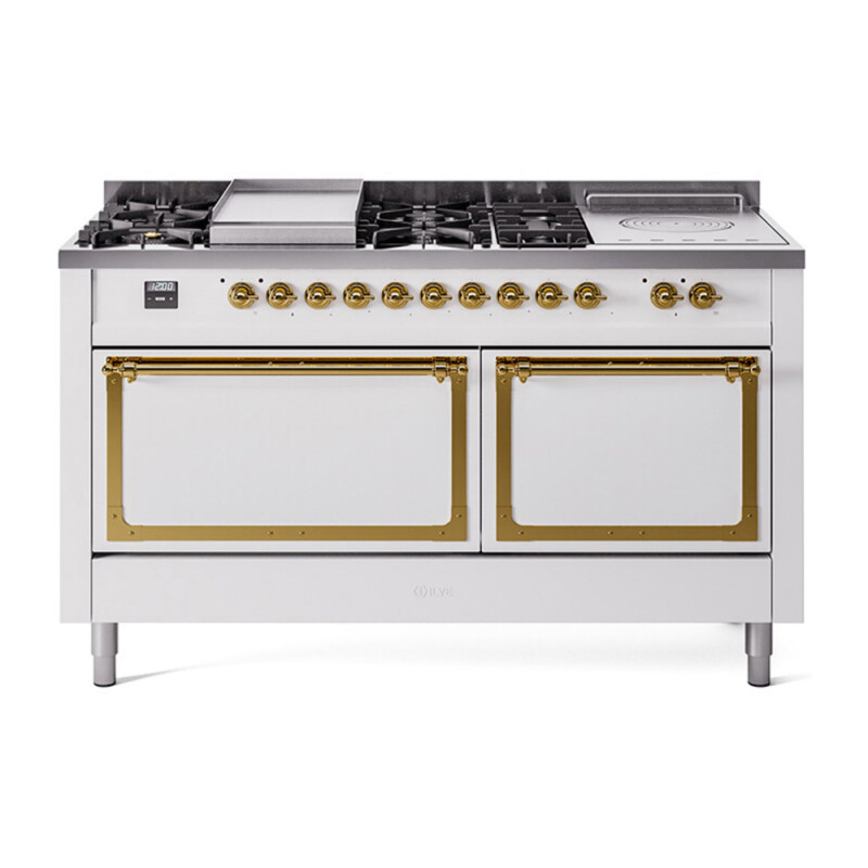 Nostalgie II Noblesse 60″ Dual Fuel Range      (7 Sealed Burners + Griddle + French Top, Natural Gas, Solid Door, White, Brass) UN60FSQNMPWHG