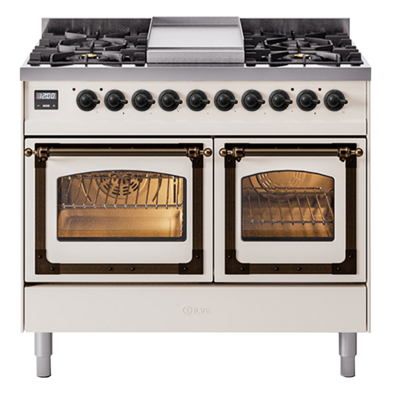 Nostalgie II Noblesse 40″ Dual Fuel Range (Natural Gas, Triple Glass Door, Antique White, Burnished) UND40FNMPAWB