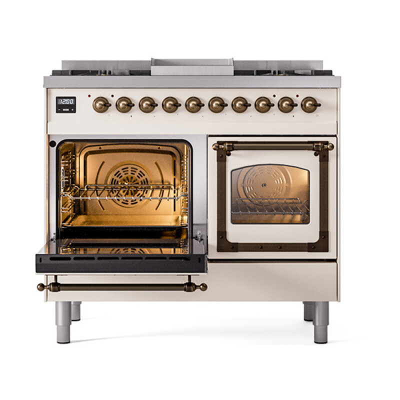 Nostalgie II Noblesse 40″ Dual Fuel Range (Natural Gas, Triple Glass Door, Antique White, Burnished) UND40FNMPAWB