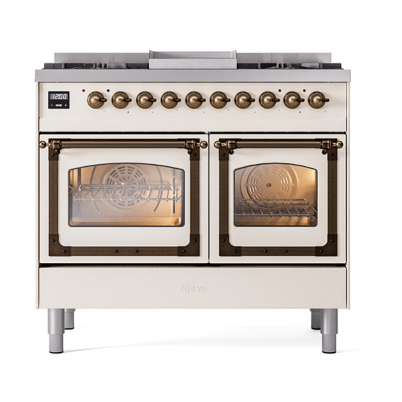 Nostalgie II Noblesse 40″ Dual Fuel Range (Natural Gas, Triple Glass Door, Antique White, Burnished) UND40FNMPAWB