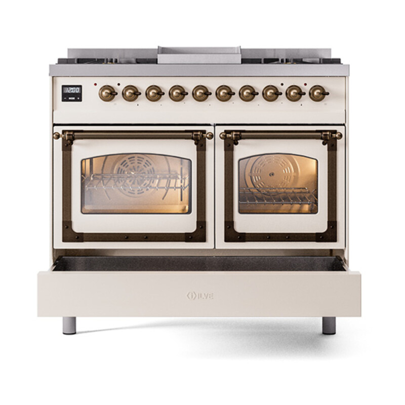Nostalgie II Noblesse 40″ Dual Fuel Range (Natural Gas, Triple Glass Door, Antique White, Burnished) UND40FNMPAWB