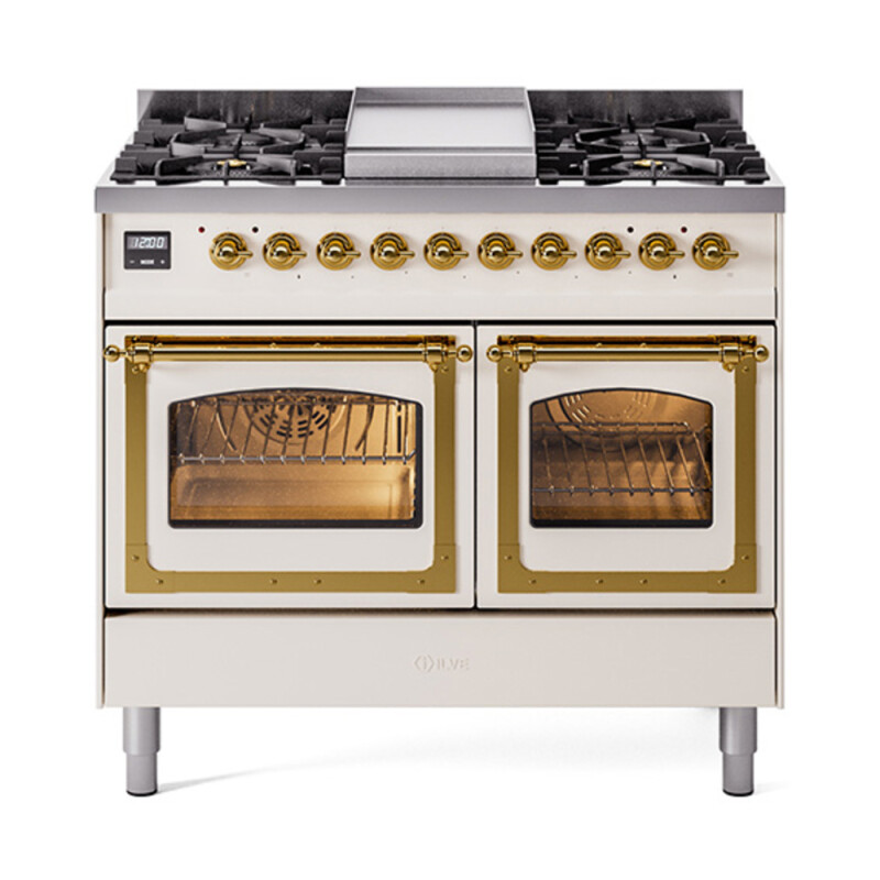Nostalgie II Noblesse 40″ Dual Fuel Range (Natural Gas, Triple Glass Door, Antique White, Brass) UND40FNMPAWG