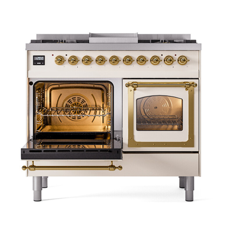 Nostalgie II Noblesse 40″ Dual Fuel Range (Natural Gas, Triple Glass Door, Antique White, Brass) UND40FNMPAWG
