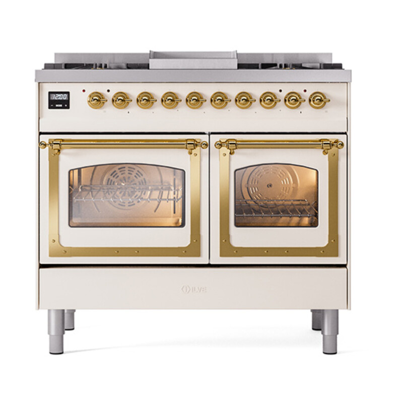 Nostalgie II Noblesse 40″ Dual Fuel Range (Natural Gas, Triple Glass Door, Antique White, Brass) UND40FNMPAWG