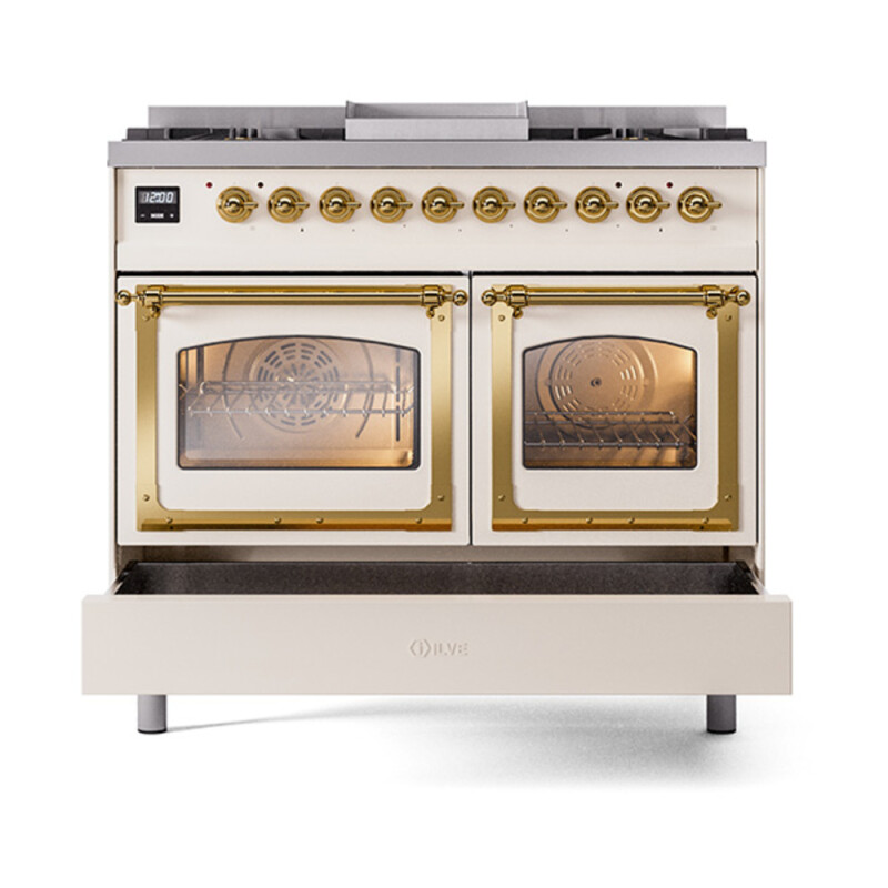 Nostalgie II Noblesse 40″ Dual Fuel Range (Natural Gas, Triple Glass Door, Antique White, Brass) UND40FNMPAWG