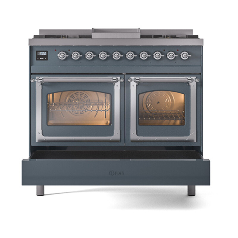 Nostalgie II Noblesse 40″ Dual Fuel Range (Natural Gas, Triple Glass Door, Blue Grey, Chrome) UND40FNMPBGC