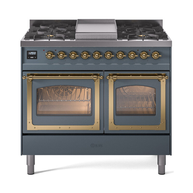 Nostalgie II Noblesse 40″ Dual Fuel Range (Liquid Propane, Triple Glass Door, Blue Grey, Brass) UND40FNMPBGGLP