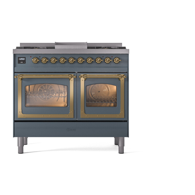 Nostalgie II Noblesse 40″ Dual Fuel Range (Liquid Propane, Triple Glass Door, Blue Grey, Brass) UND40FNMPBGGLP