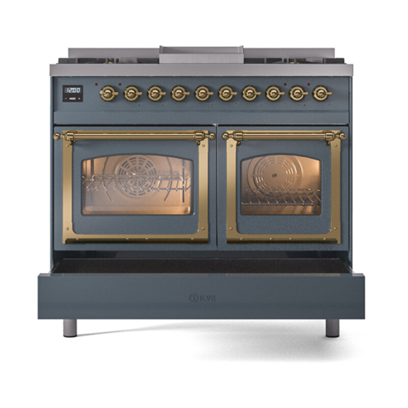 Nostalgie II Noblesse 40″ Dual Fuel Range (Liquid Propane, Triple Glass Door, Blue Grey, Brass) UND40FNMPBGGLP
