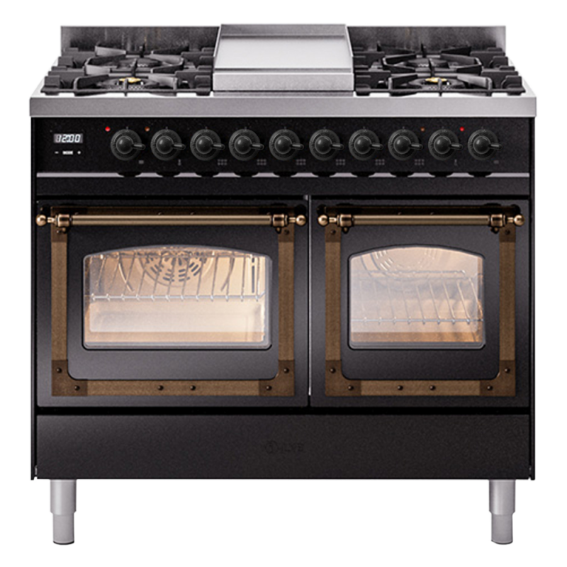 Nostalgie II Noblesse 40″ Dual Fuel Range (Liquid Propane, Triple Glass Door, Glossy Black, Burnished) UND40FNMPBKBLP