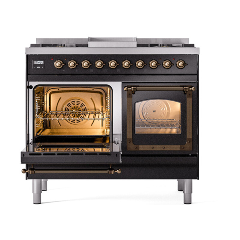 Nostalgie II Noblesse 40″ Dual Fuel Range (Liquid Propane, Triple Glass Door, Glossy Black, Burnished) UND40FNMPBKBLP