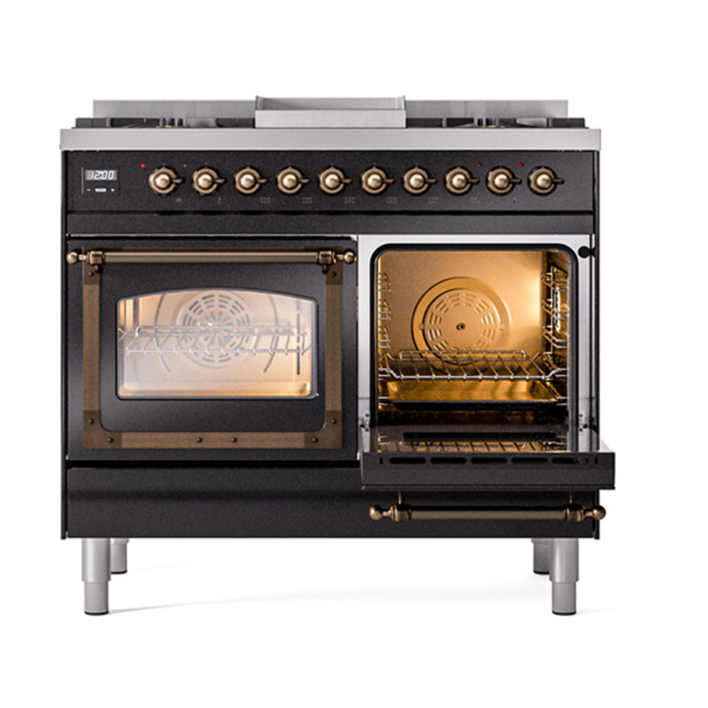 Nostalgie II Noblesse 40″ Dual Fuel Range (Liquid Propane, Triple Glass Door, Glossy Black, Burnished) UND40FNMPBKBLP