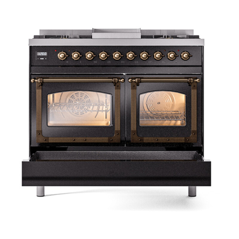 Nostalgie II Noblesse 40″ Dual Fuel Range (Liquid Propane, Triple Glass Door, Glossy Black, Burnished) UND40FNMPBKBLP