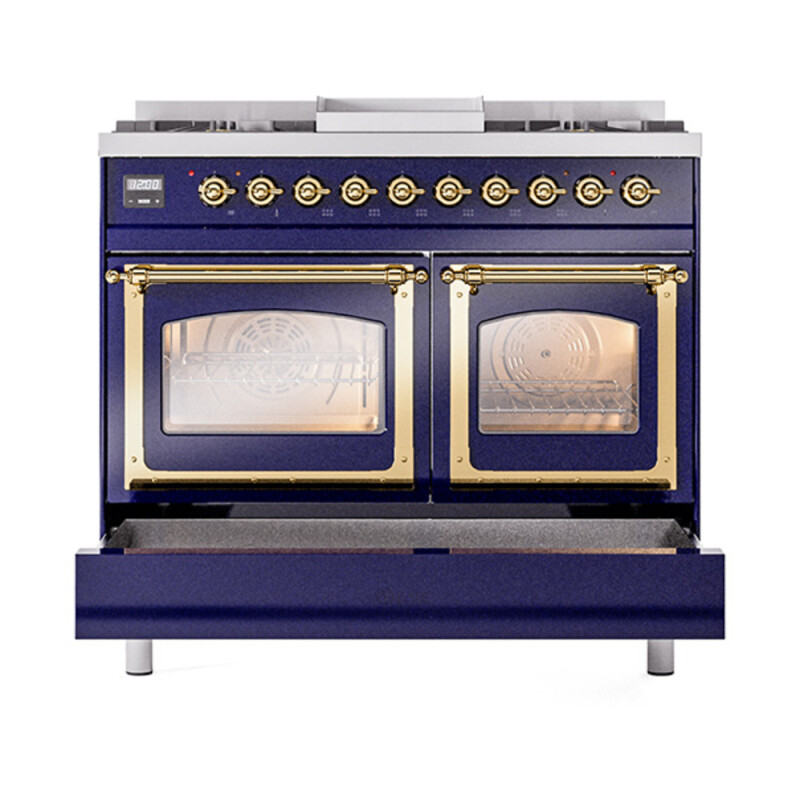 Nostalgie II Noblesse 40″ Dual Fuel Range (Natural Gas, Triple Glass Door, Midnight Blue, Brass) UND40FNMPMBG