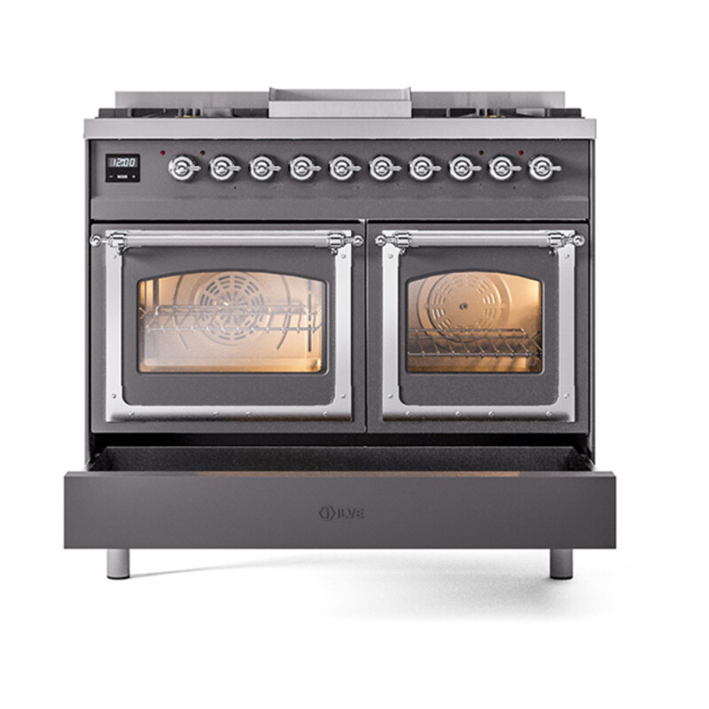 Nostalgie II Noblesse 40″ Dual Fuel Range (Natural Gas, Triple Glass Door, Graphite Matte, Chrome) UND40FNMPMGC