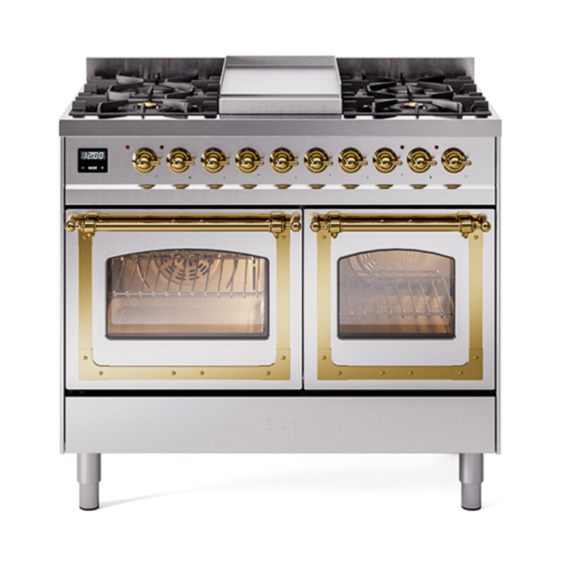 Nostalgie II Noblesse 40″ Dual Fuel Range (Natural Gas, Triple Glass Door, Stainless Steel, Brass) UND40FNMPSSG