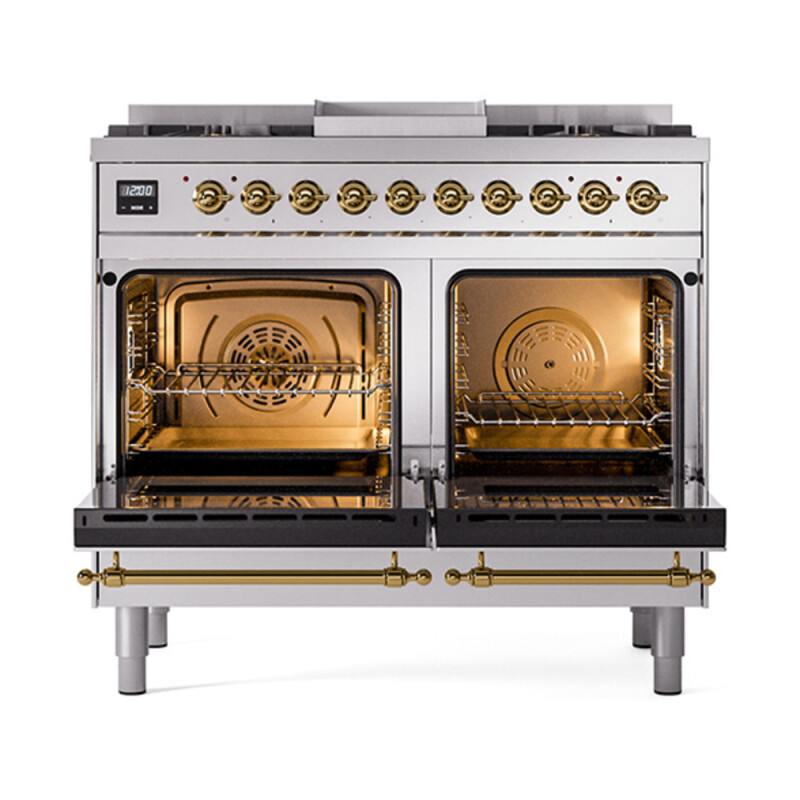 Nostalgie II Noblesse 40″ Dual Fuel Range (Natural Gas, Triple Glass Door, Stainless Steel, Brass) UND40FNMPSSG