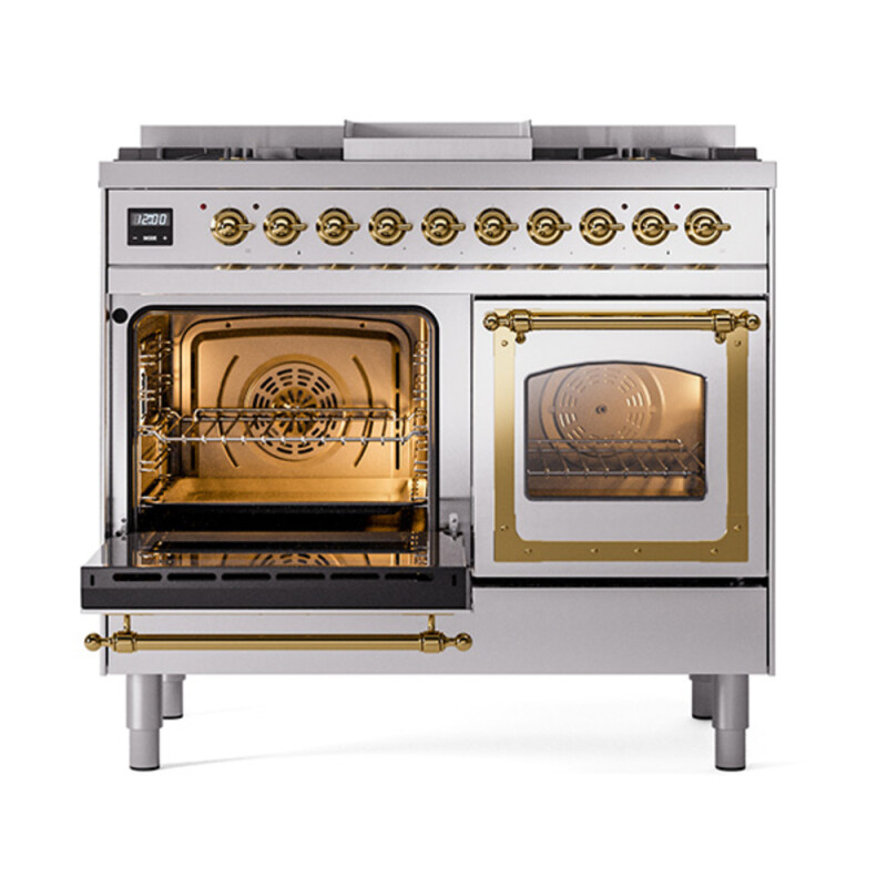 Nostalgie II Noblesse 40″ Dual Fuel Range (Natural Gas, Triple Glass Door, Stainless Steel, Brass) UND40FNMPSSG