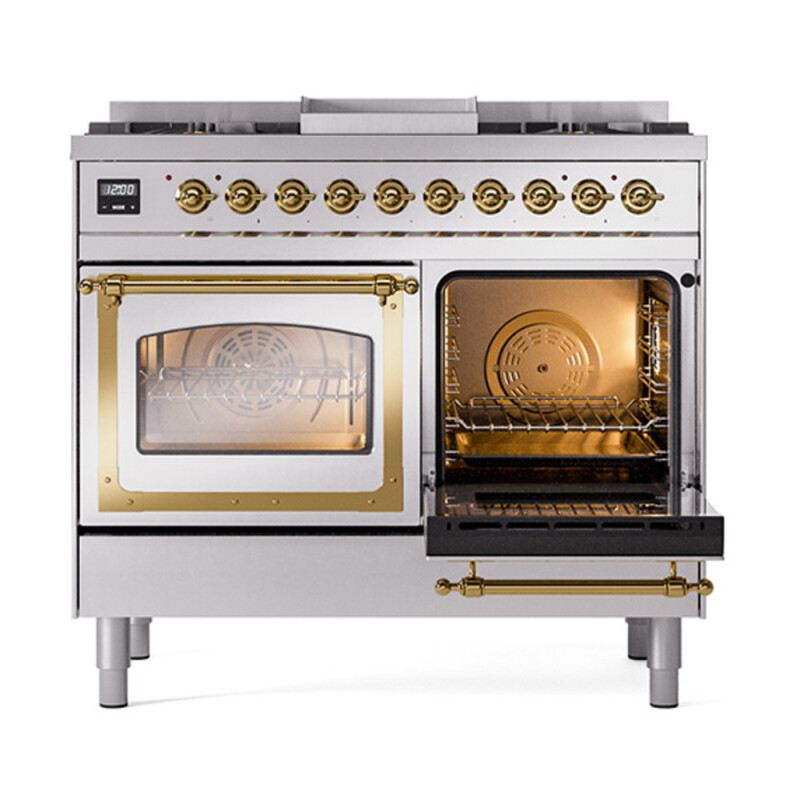 Nostalgie II Noblesse 40″ Dual Fuel Range (Natural Gas, Triple Glass Door, Stainless Steel, Brass) UND40FNMPSSG