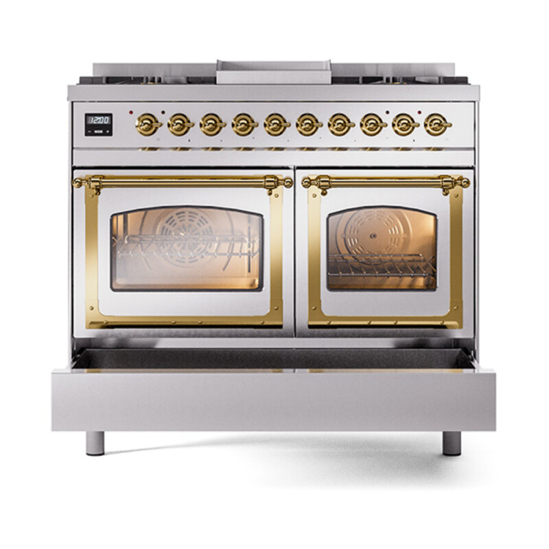 Nostalgie II Noblesse 40″ Dual Fuel Range (Natural Gas, Triple Glass Door, Stainless Steel, Brass) UND40FNMPSSG