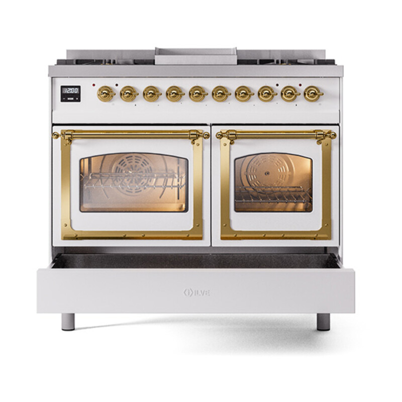 Nostalgie II Noblesse 40″ Dual Fuel Range (Natural Gas, Triple Glass Door, White, Brass) UND40FNMPWHG
