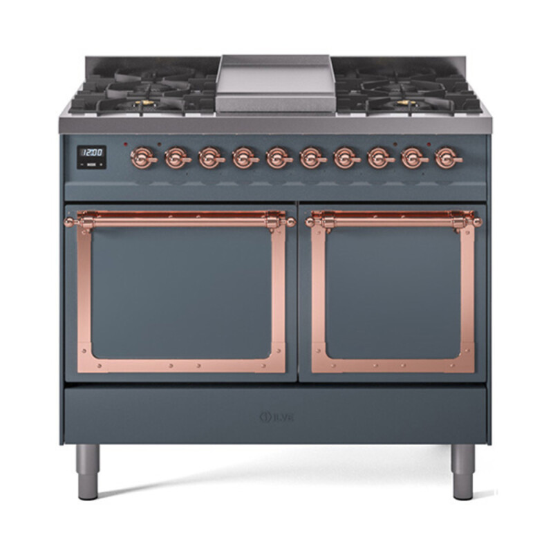 Nostalgie II Noblesse 40″ Dual Fuel Range (Natural Gas, Solid Door, Blue Grey, Copper) UND40FQNMPBGP